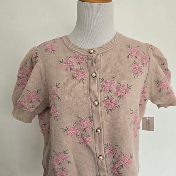 New Cottage Floral Cardigan Puff Sleeve Feminine Pink Pearl Button Women XL - Picture 4 of 12